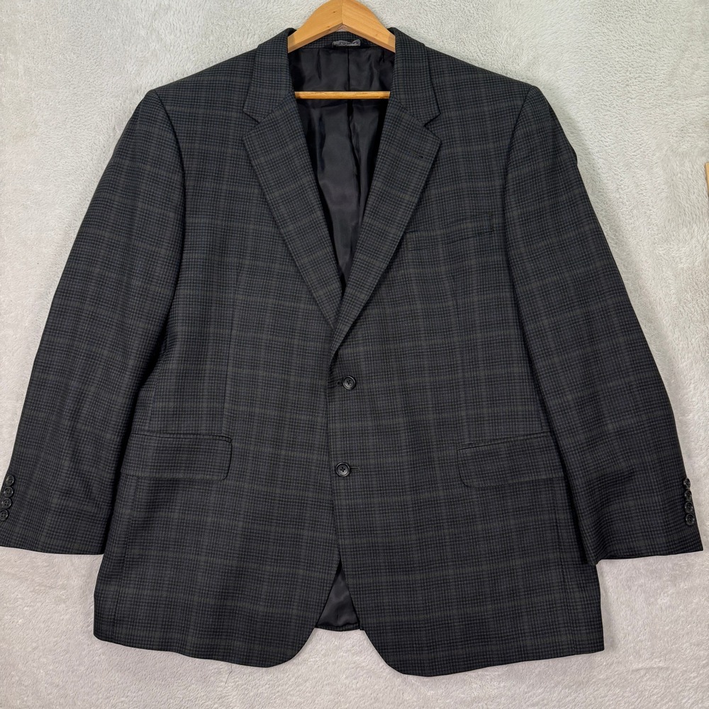 Jos‎ A Bank Mens 48R Silk Wool Plaid Sport Coat Blazer Jacket Charcoal Blue EUC - Picture 2 of 11